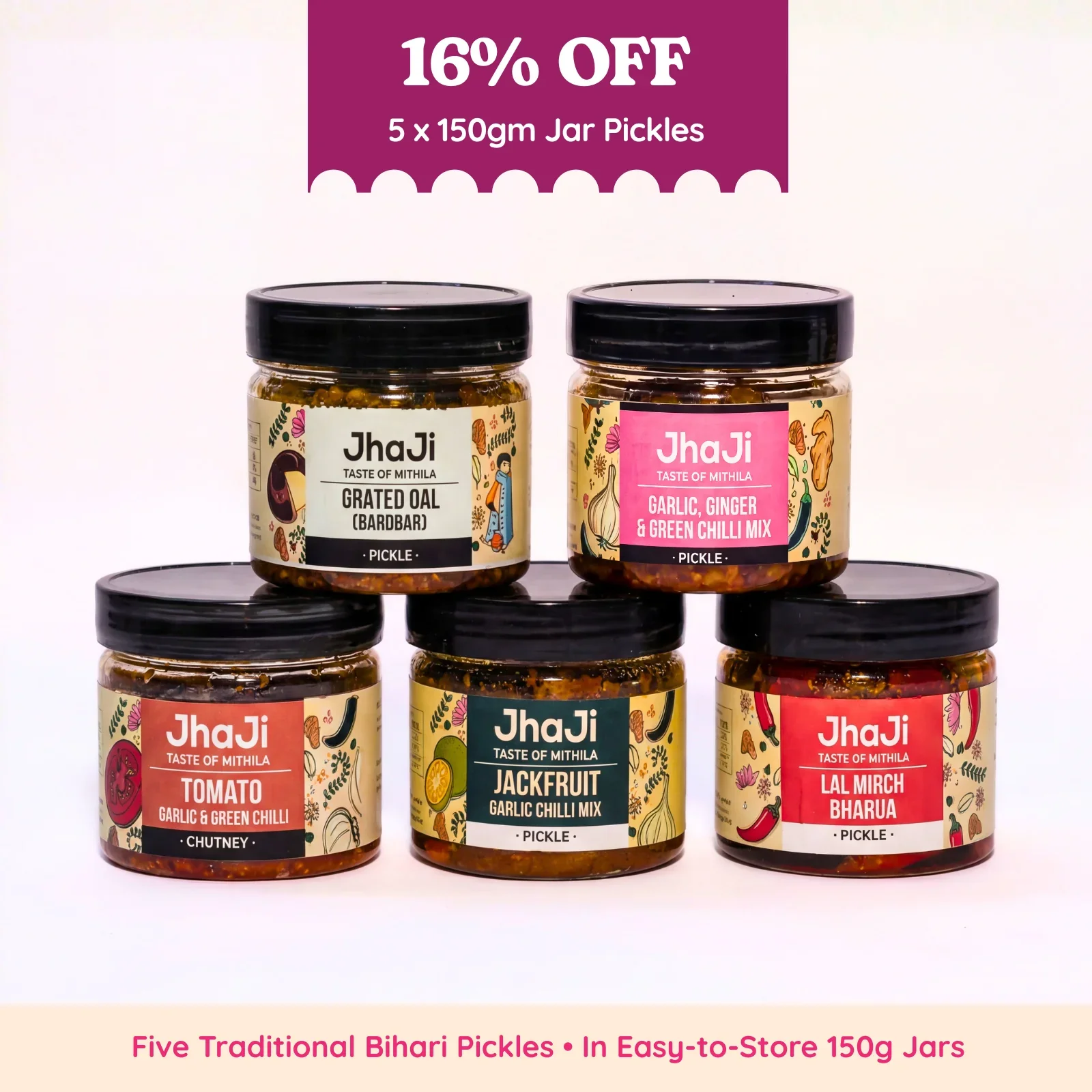 5 Traditional Pickles Sample Pack (With Garlic) | 5x150g Jars